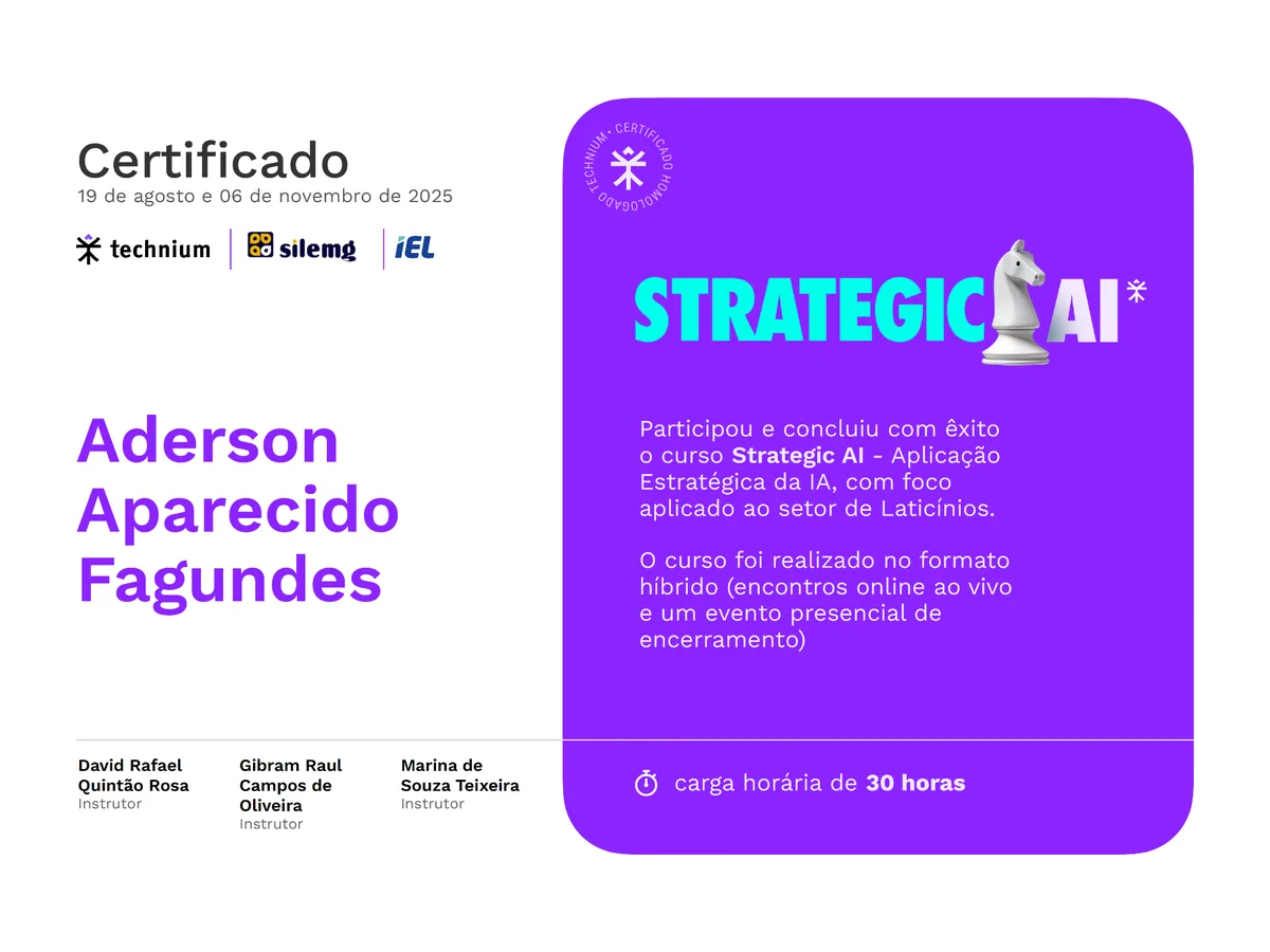 Modelo do certificado Technium emitido ao final da formação